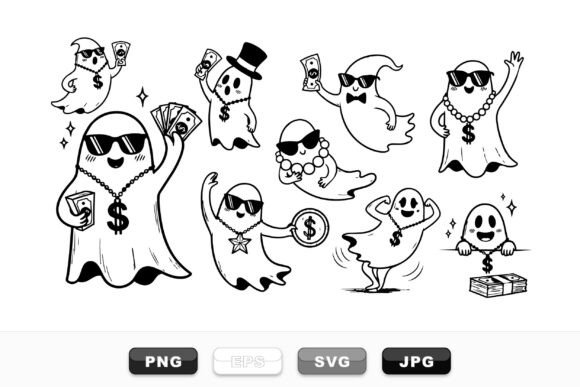 Cool Money Ghosts Clipart Set: Playful Charm for Embroidery Projects